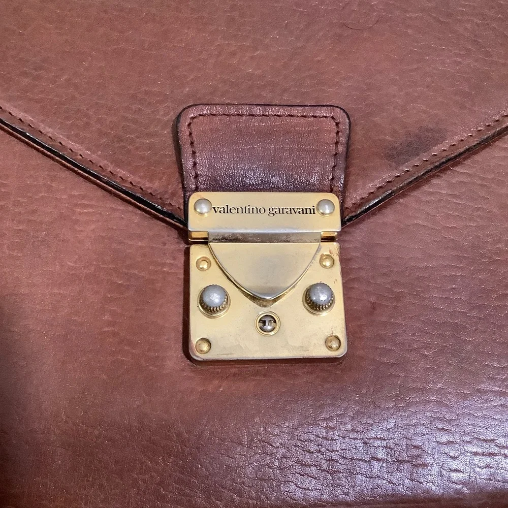 Valentino Garavani Vintage Brown Leather Clutch Bag with Gold Detail